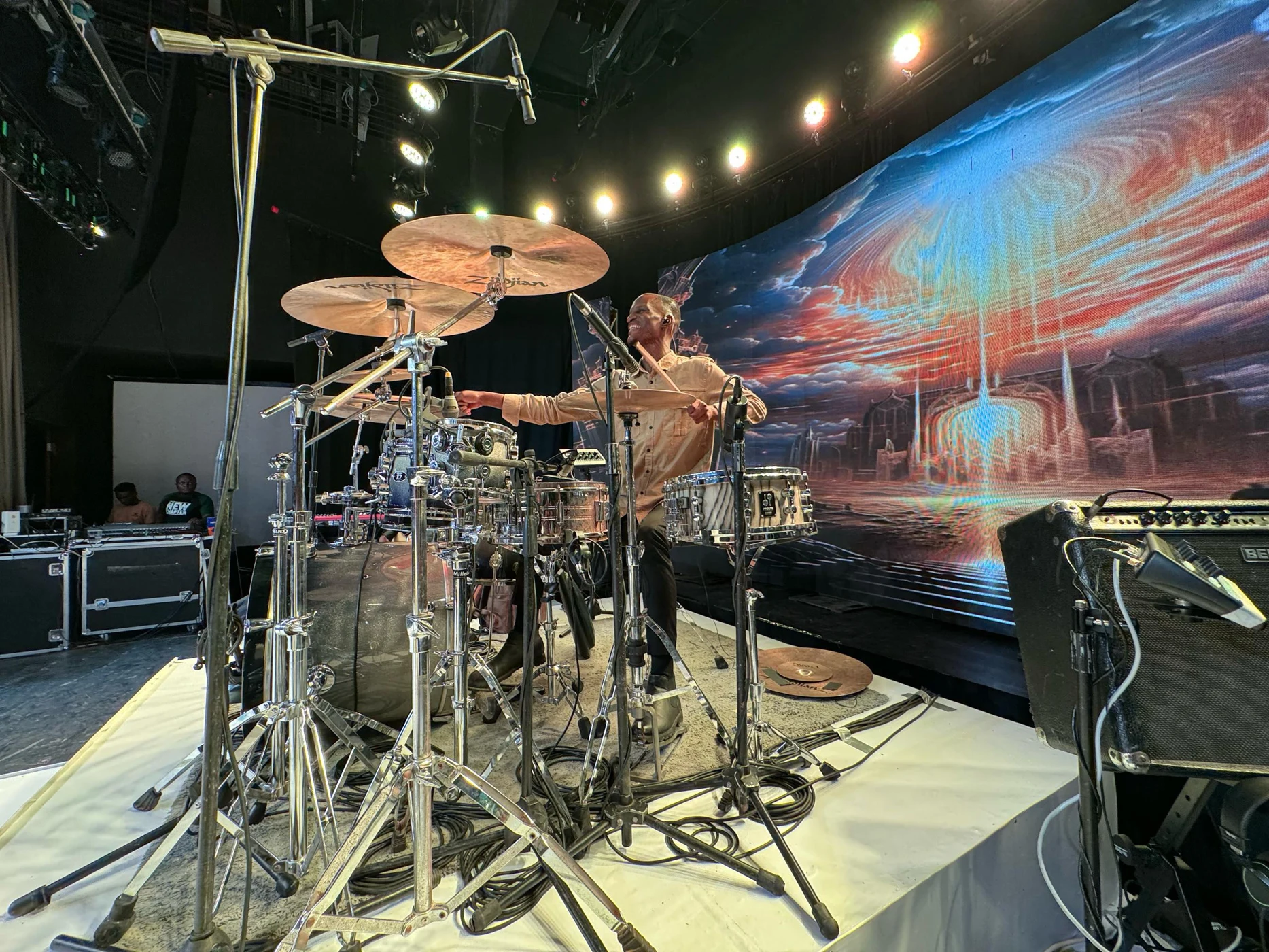 Drum kit and musical equipment ready for a live performance