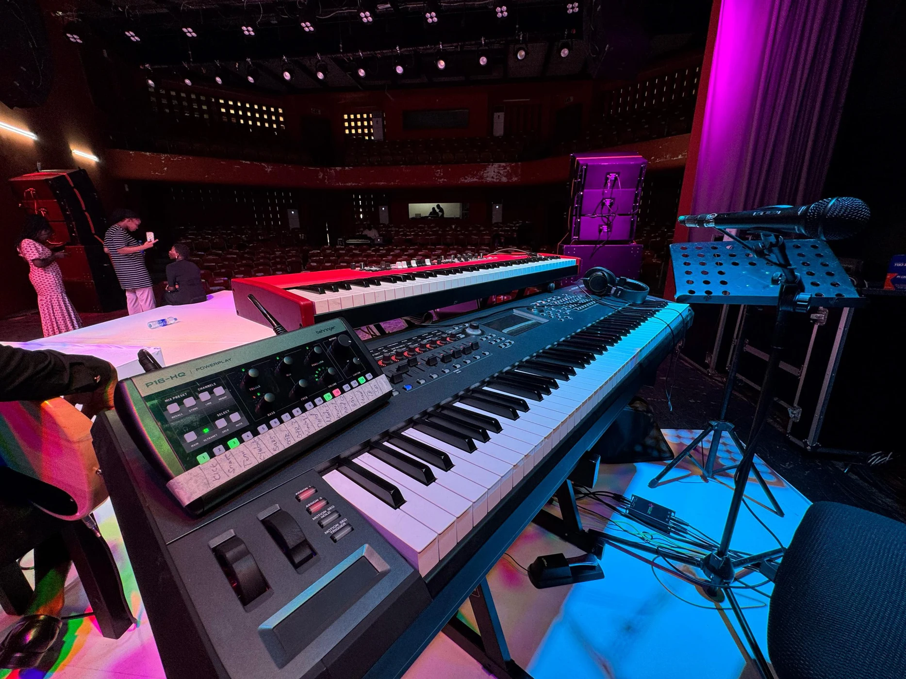 Keyboards and backline equipment prepared on stage