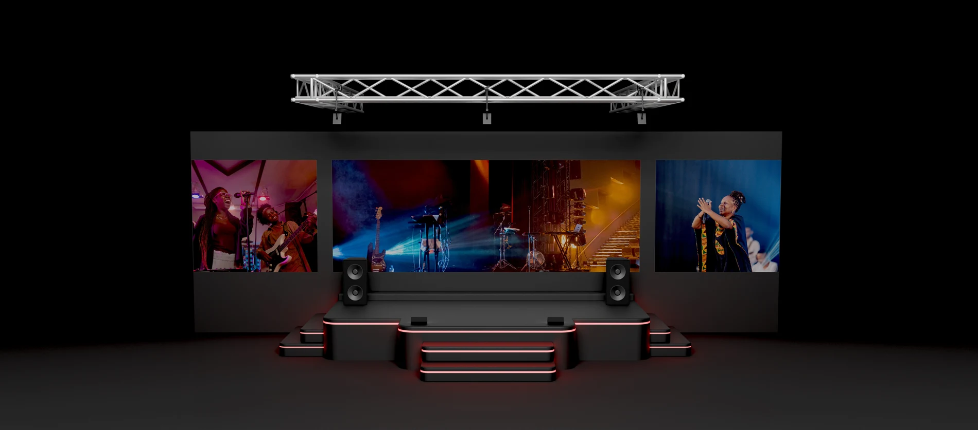3D stage concept with lighting truss and presentation screens